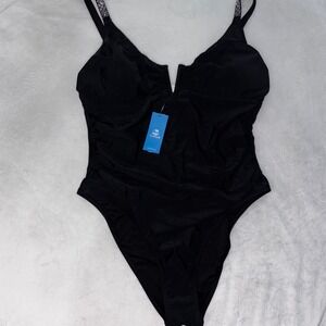 Cupshe Black One Piece Swimsuit XL‎ Rhinestone Strap V Neckline New
